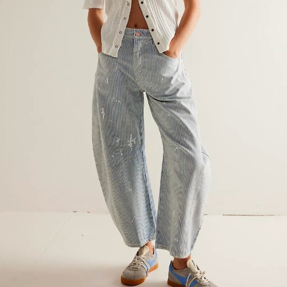 We The Free Blue Striped Flare Jeans - Picture 1 of 12